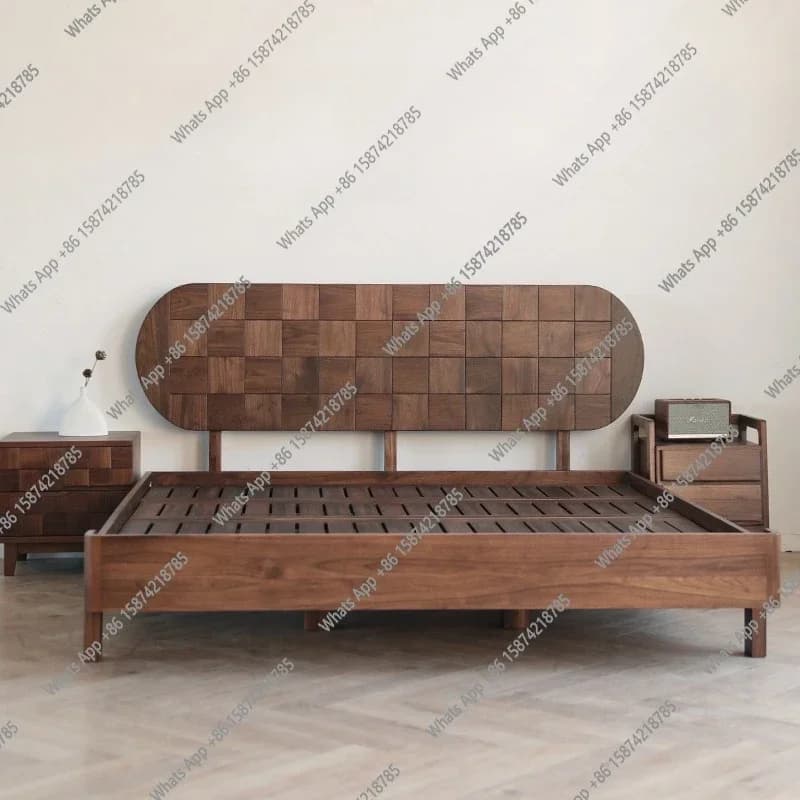 N49 J Nordic Solid Wood Black Walnut Suspended Square Bed Modern Simple Japanese Double Bed Log Master Bedroom