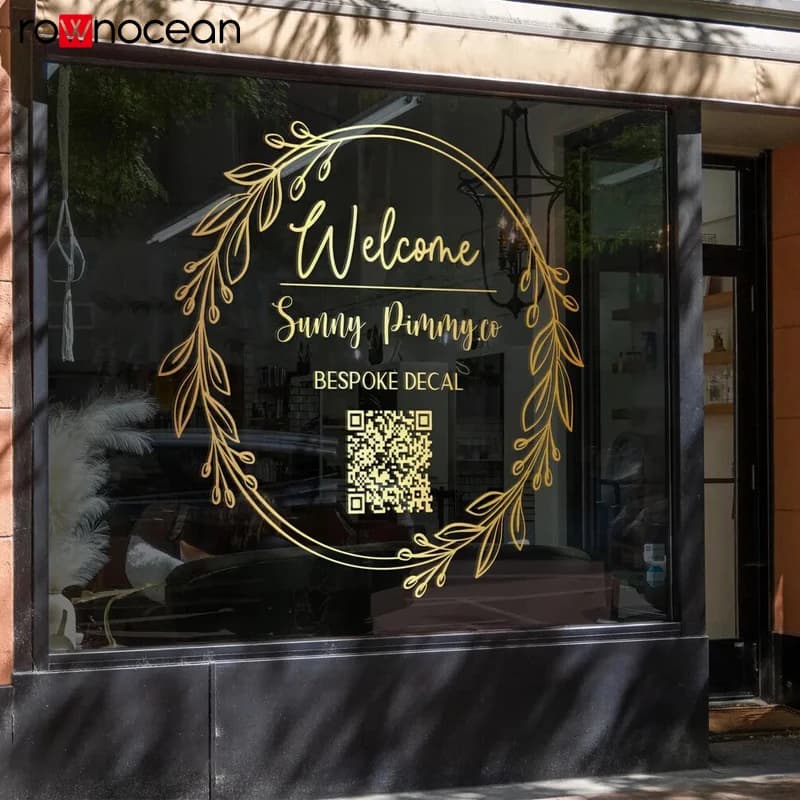 Custom business logo decal for shop window door text round leaves wreath window decor vinyl decals sticker  E990