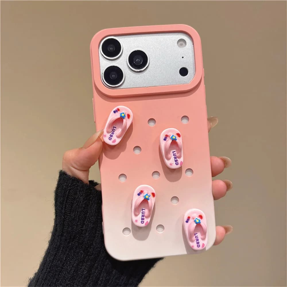 Summer Beach Cute 3D Flip Flop Phone Case for 17 Pro Max Gradient Matte Breathable Hole Protective Cover for iPhone 16 15 14 13