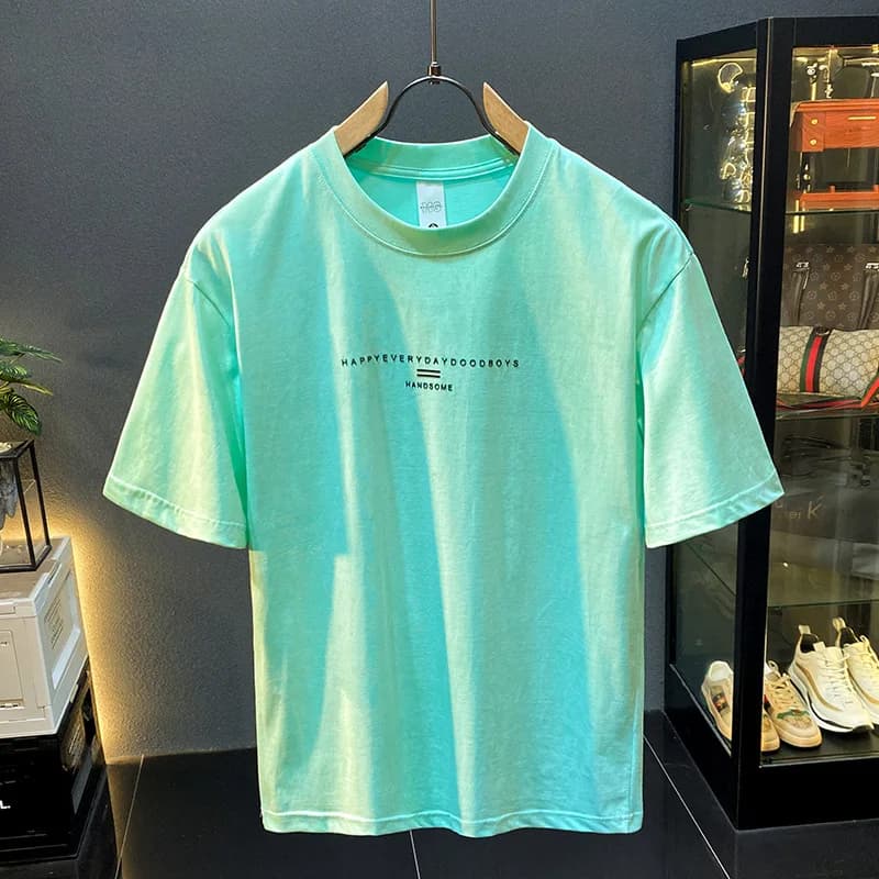 Summer fashion color short sleeved T-shirt men's simple print high-end elastic breathable loose casual top