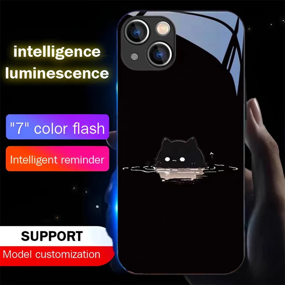 Cute Swimming Cat Led Light Phone Case Call Flash Glitter Cover For iPhone Air 17 16 E 15 14 13 12 11 Pro Max Plus