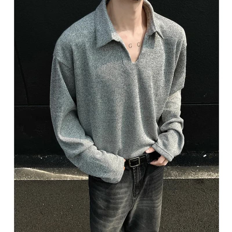 Spring Long Sleeved T-shirt Men Fashion Lapel T Shirt Men Streetwear Korean Loose Casual T Shirt Mens Polo Shirt Male Hoodie