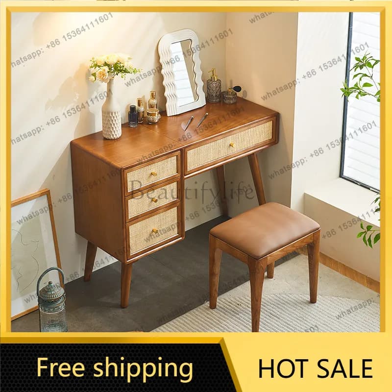 LD retro Nordic solid wood makeup table and chairs desk bedroom rattan dresser