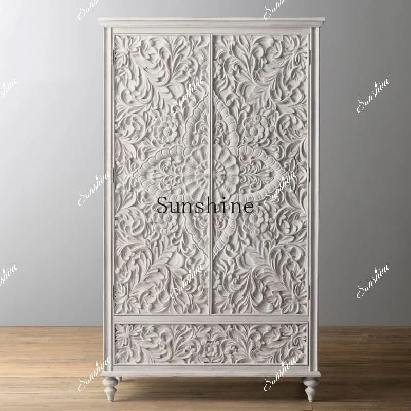 American double door South East Asia style begonia wood carving flower wardrobe  FT