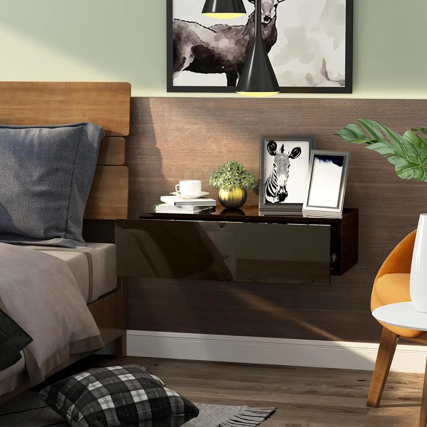 Black Modern Floating Wall Mounted Nightstand with Drawer Storage Wood Bedside Table Small Wall Shelf for Bedroom Living Room