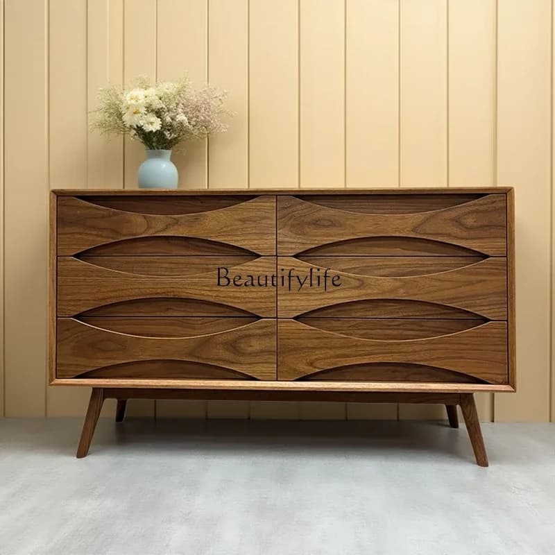 04Medieval solid wood six-chest cabinet, living room, bedroom, walnut-colored storage side cabinet