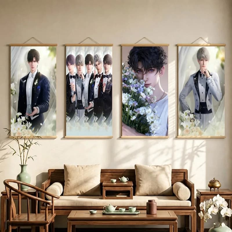 Love and Deepspace Hanging Scroll with Handsome Anime Men in Elegant Suits and Soft Floral Portraits for a Quiet Bedroom