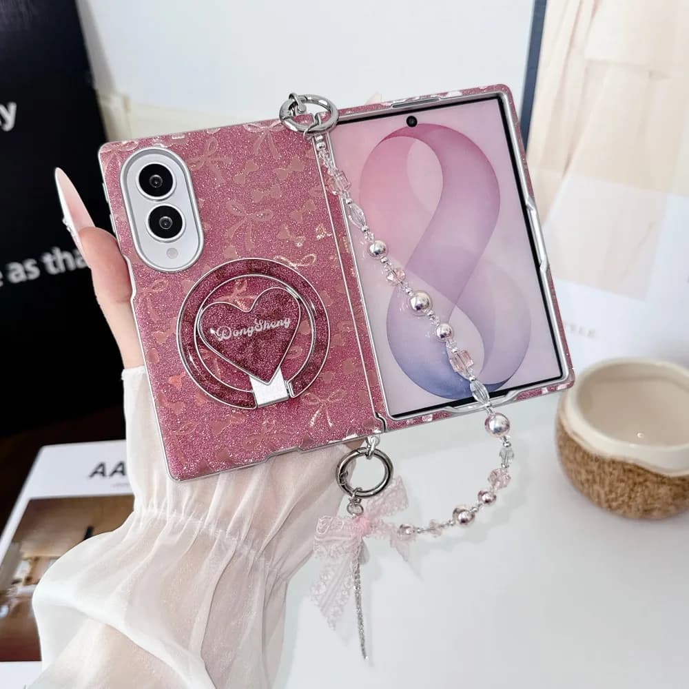 For Samsung Galaxy Z Fold 8 Wide Butterfly Glitter Phone Case Protection Hinge Pc Shell With Holder Bracelet Back Cover