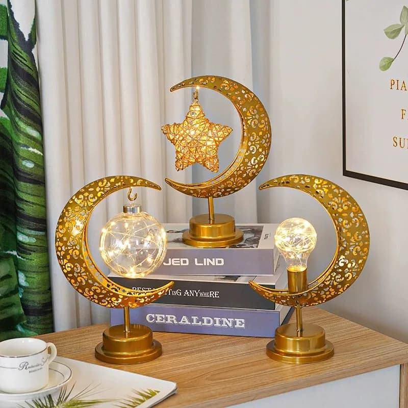 1pc Golden Led Festival Decorative Lights Led Iron Moon Hollow Table Modeling Lamp Bedroom Festival Eid Home Decoration