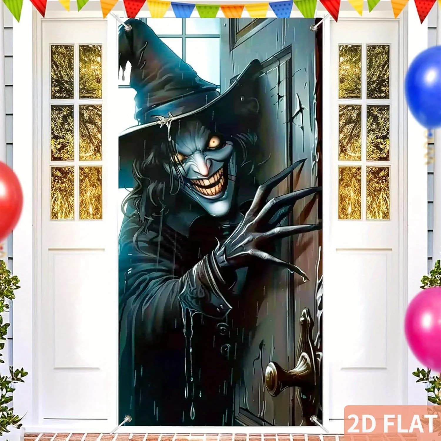 2d flat Scary Witch Outdoor Flag, Halloween Door Cover 71x35 Inch Creepy Witch Door Banner Spooky Halloween Decoration