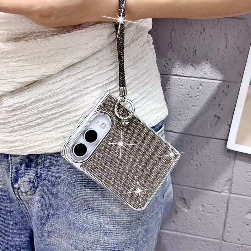Elegant Delicate Minimal Sparkly Rhinestone Phone Case for iPhone Ultra Electroplated Frame Crystal Wrist Strap Protective Cover