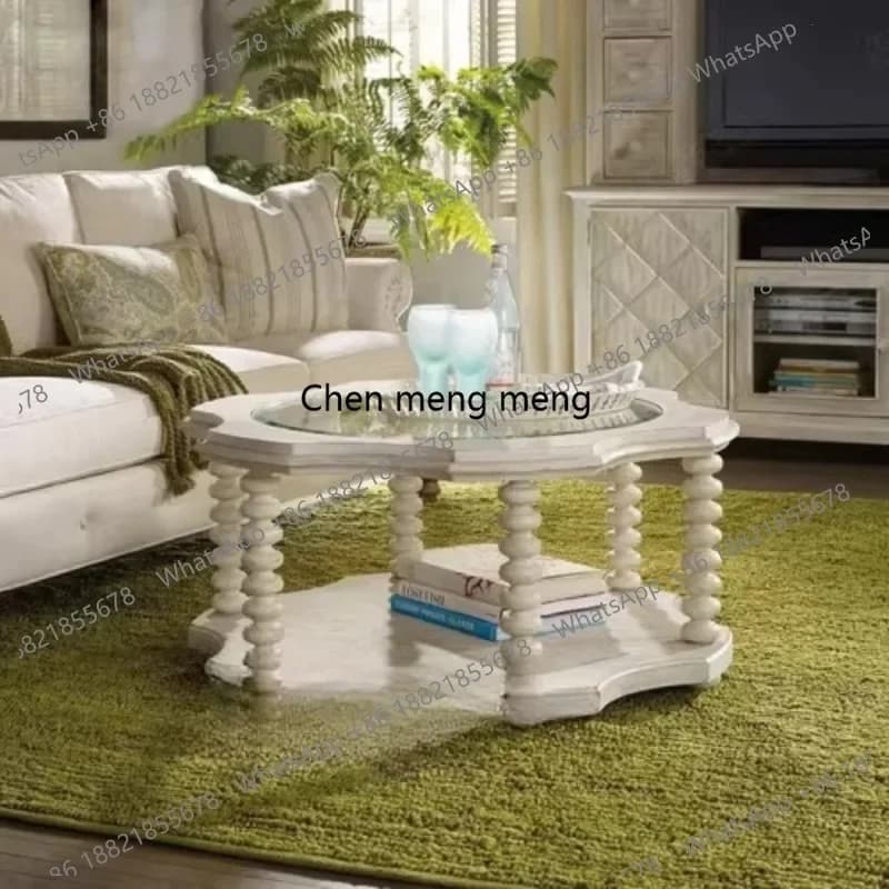 RR American rural solid wood old round coffee table simple European white open paint living room tea table