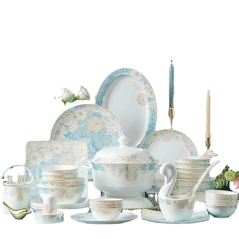 Jingdezhen ceramic tableware, bowl bone china bowl plate set, household, bowl plate gift box.