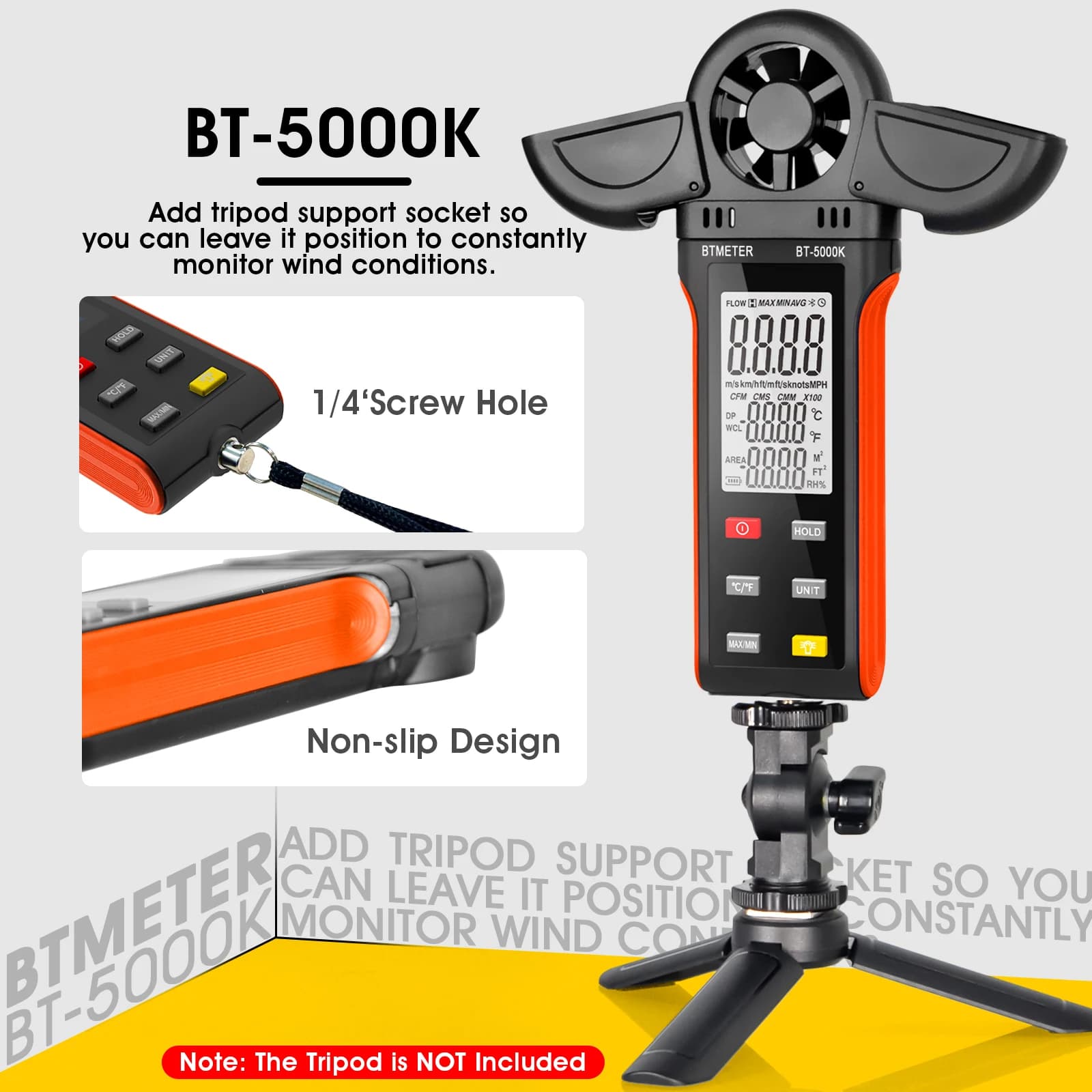 Wind Speed Meter, Digital External Anemometer, BT-5000K Measure Wind Speed, 67 Mph High Speed, Backlight, Data Hold, Protective