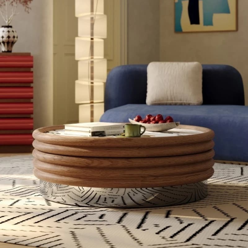Modern coffee table small apartment light luxury marble round coffee table retro solid wood