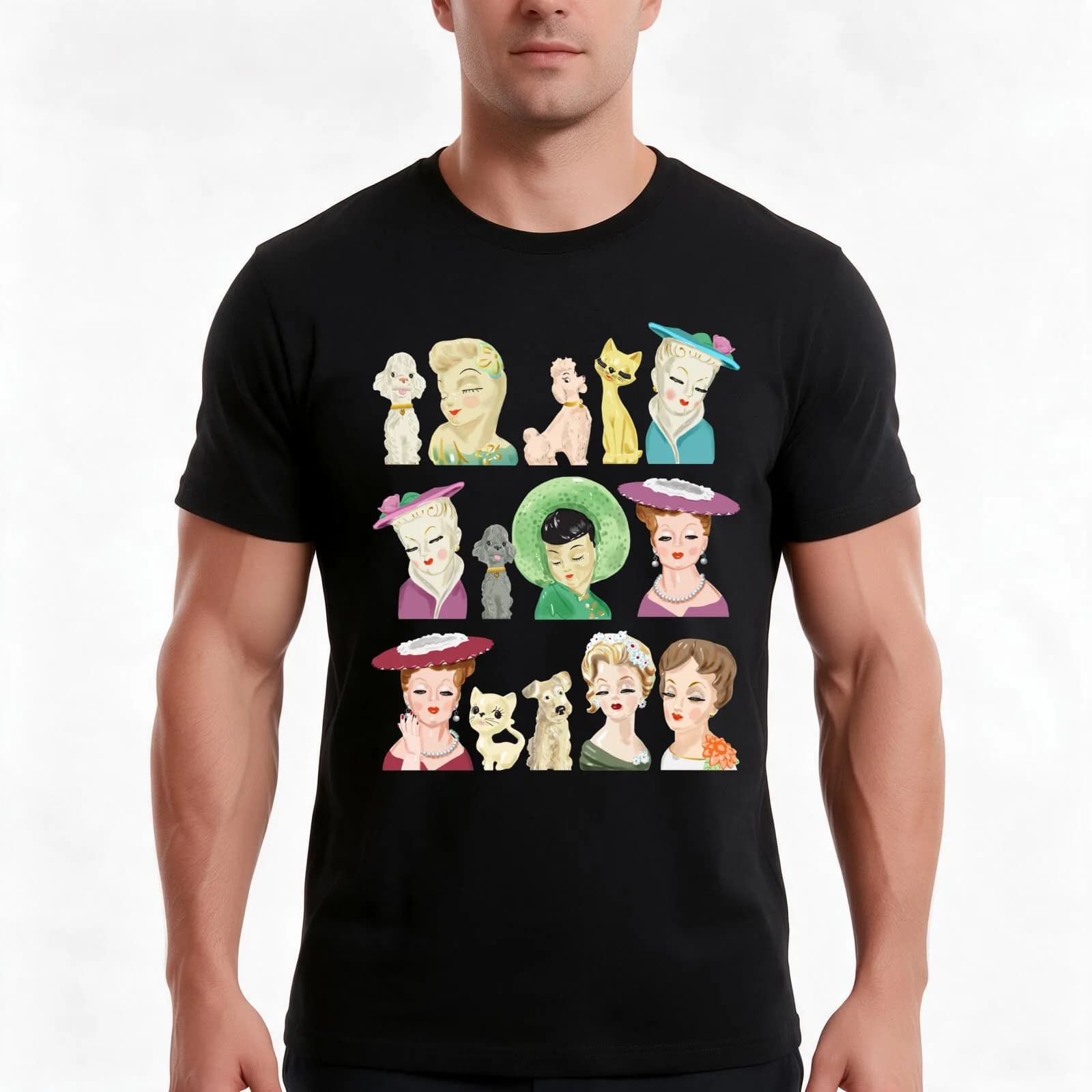 Collectible Lady Head Vases Vintage Kitsch with Cats and Dogs T-Shirt, Summer Casual Cotton Tee, Oversized Streetwear Tops