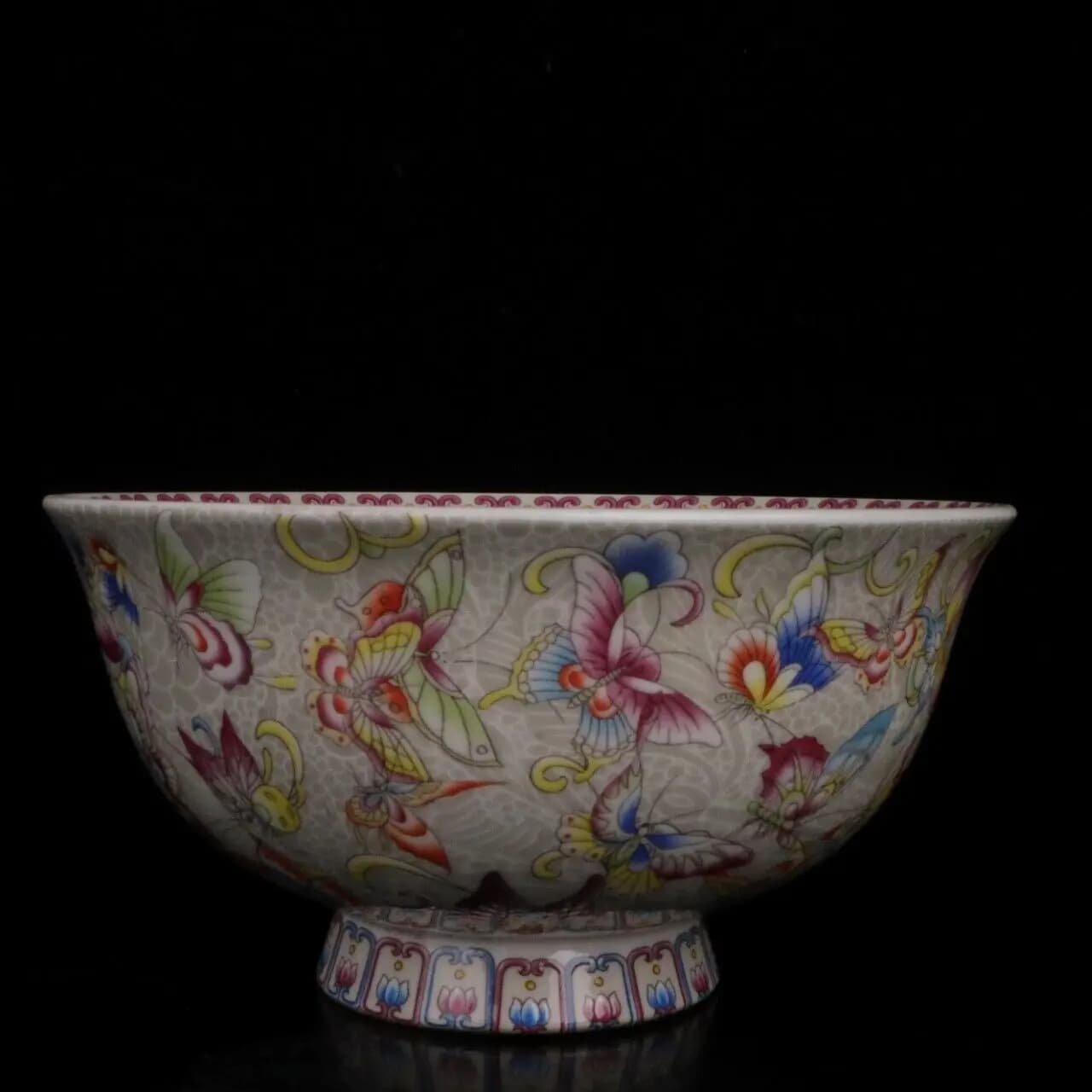 4.7" Collect Chinese Famille Rose Porcelain Animal Butterflylotus Flower Bowl
