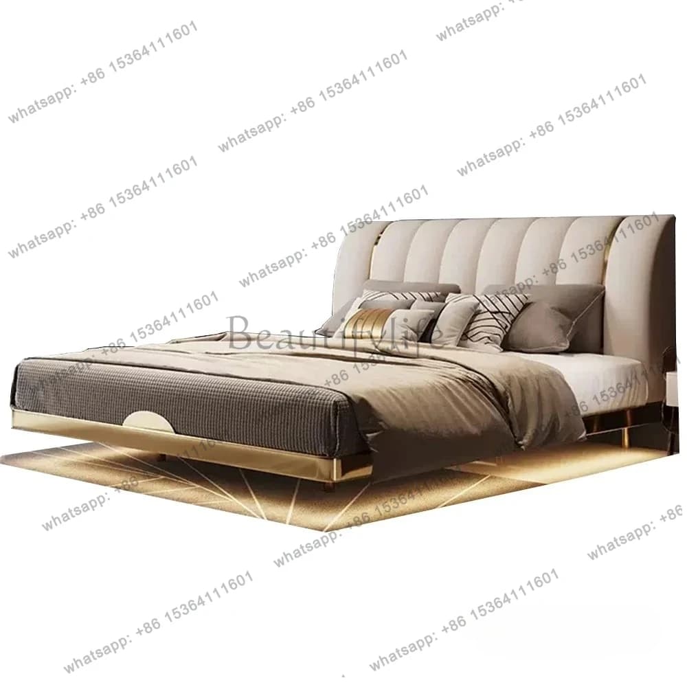 Modern Genuine Leather Suspended Bed With Sensor Light, Double Rectangle Bed Frame With Stainless Steel, Nordic Camas