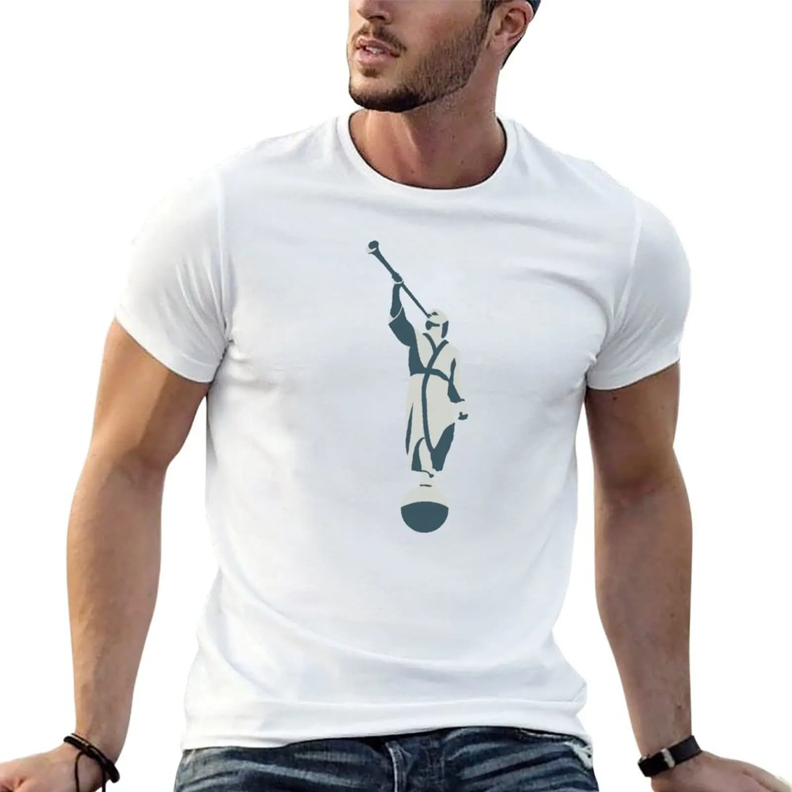 Angel Moroni LDS Temple Statue Blue T-Shirt Fashion Casual Short Sleeve T-Shirt