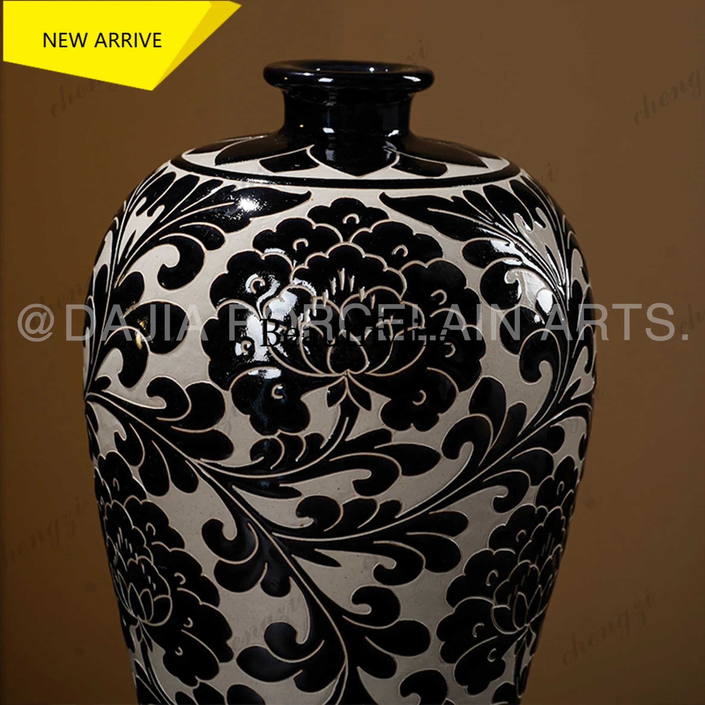 a95 Black glaze engraved flower two-layer peony ceramic vase ornament Chinese home decoration plum vase