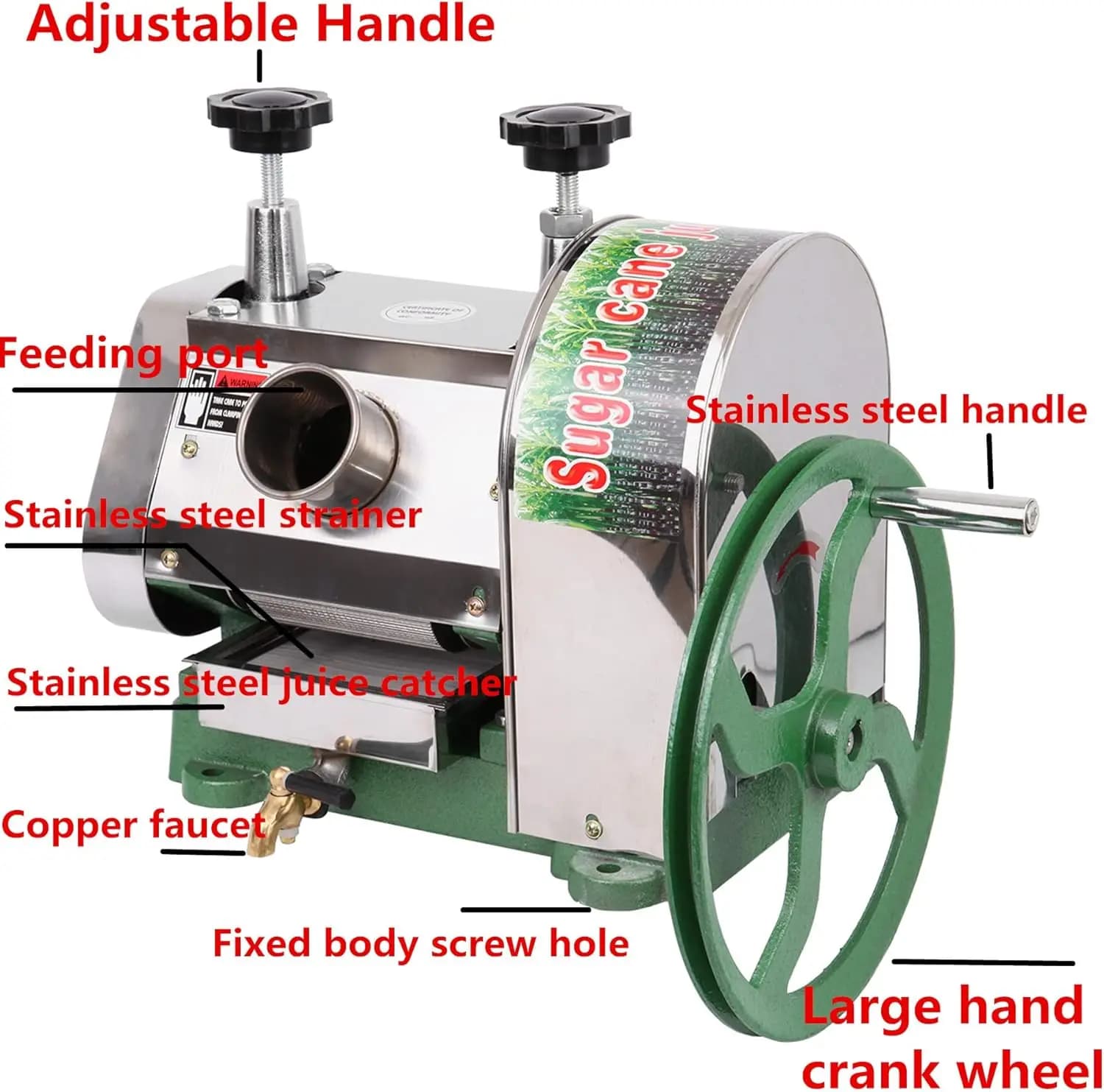 Hot Selling 50kg/h Sugar Cane Press Stainless Steel Sugar Cane Extractor Squeezer Manual Sugarcane Juicer for Hotels Fruit Shops