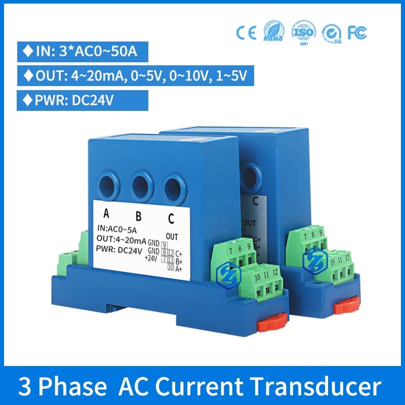 Three-phase AC Current Transmitter 1A 5A10A 50A to 4-20mA 0-10V Output DC24V 4mm Perforated Current Signal Isolated Converter