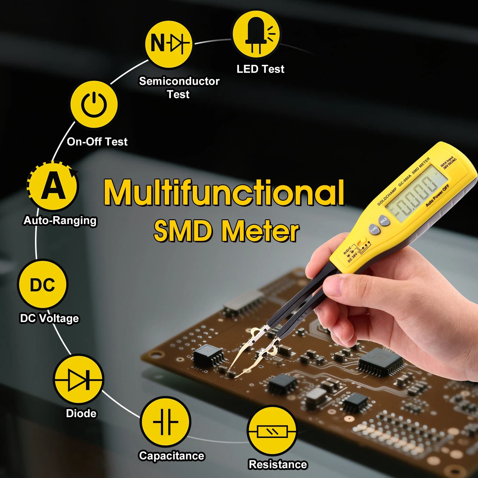Digital Auto-Recognition Multimeter, SMD Portability Tester Tool, For Resistors Capacitors Diodes, LED & DC Voltage Up To 36V