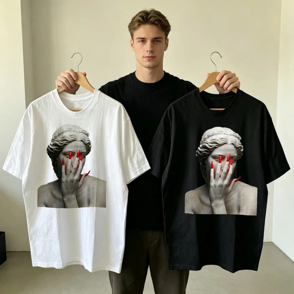 Creative Sculpture Red Nails Print T-shirt Men Street Style Graphic Top Casual Short Sleeve Tee Hip Hop Aesthetic Design Clothes