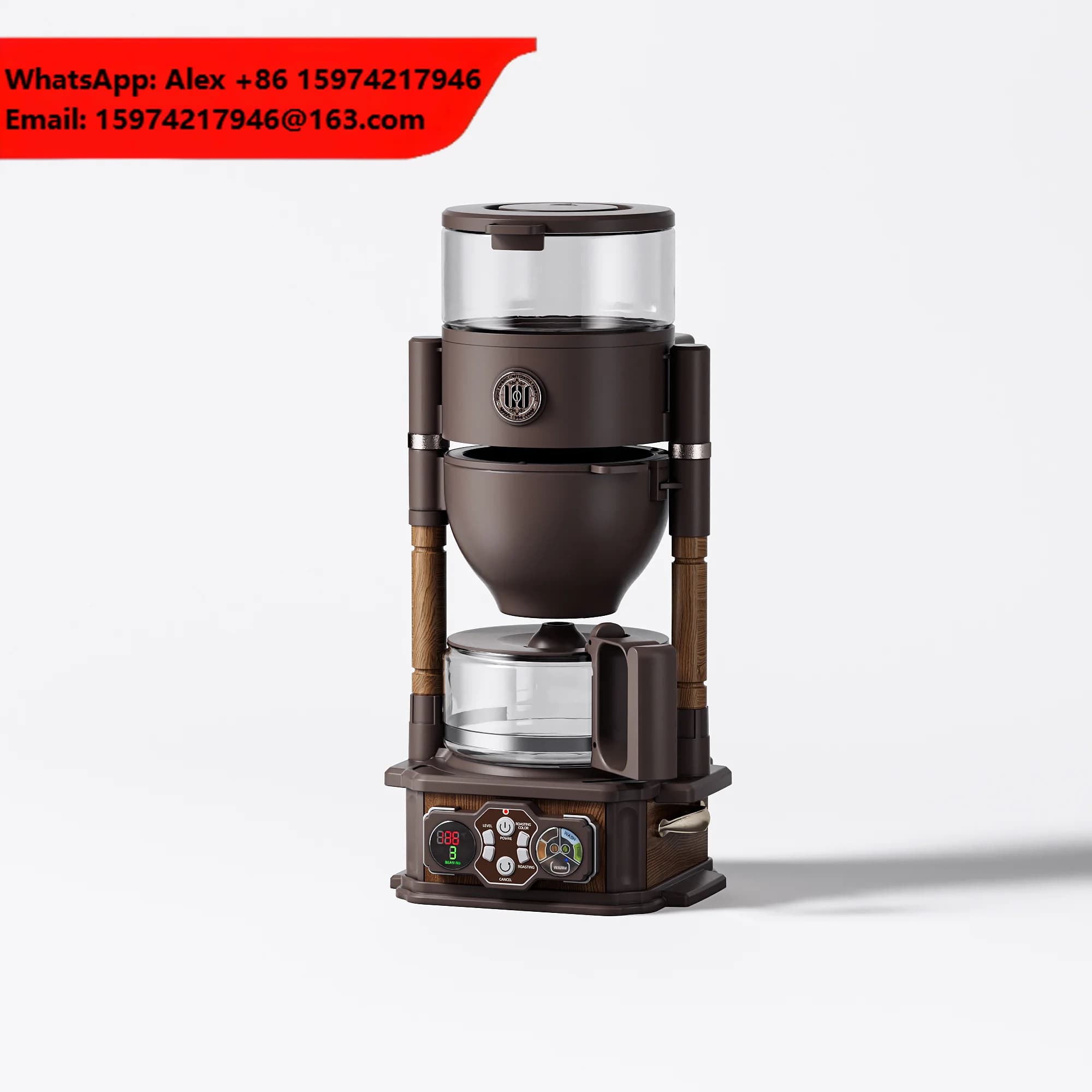 WING KWONG Retro Oak Coffee & Tea Drip Machine Hand Pour Simulation With 4 Visible Temperatures Electric Auto Drain Feature