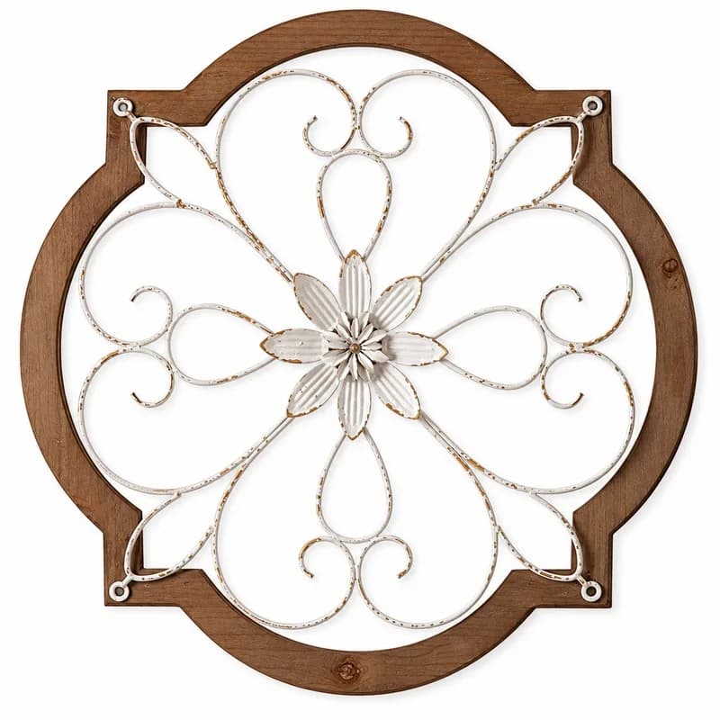 French Vintage Floral Wall Decor, Distressed Wood & Iron Scrollwork Wall Art, 57.5cm