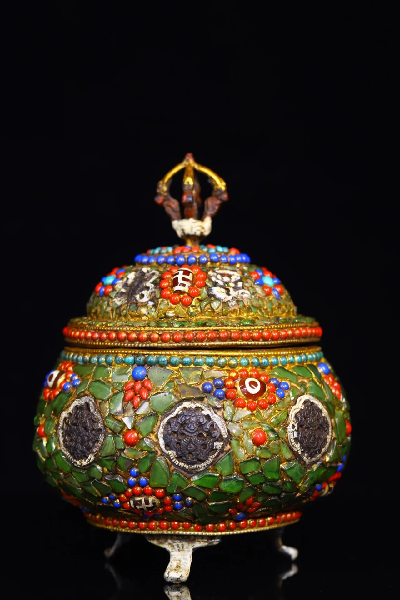 8"Tibetan Temple Collection Old Bronze Tibetan Silver filigree Mosaic Gem gZi Bead Treasure jar pagoda incense burner Town house