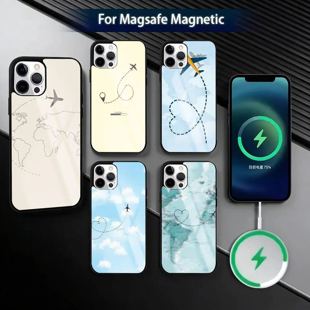 Travel Airplane Route  Phone Case For iPhone17,16,15,14,13,12,11 Plus,Pro Magnetic For Magsafe Wireless Charging