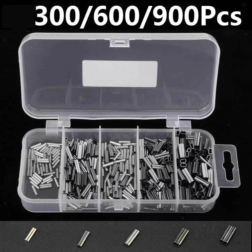 300/600/900Pc Double Fishing Crimp Sleeves Kit Barrel Crimp Tubes Sleeves Copper Crimping Sleeves Line Connector Tackle Clip DIY