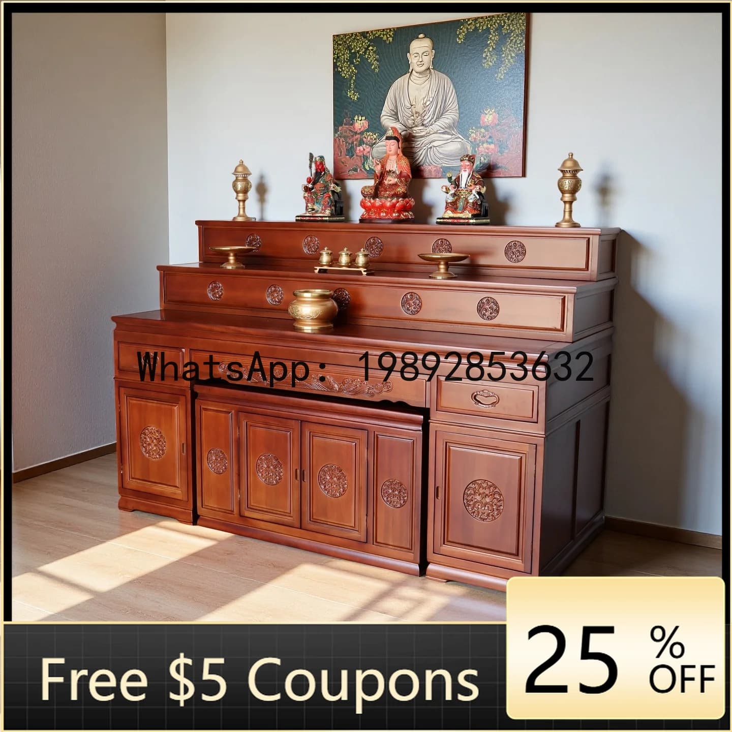FGG  Tibetan Style Three-Layer Offering Table Altar  Table Buddha Shrine Cabinet Altar Buddha Altar Incense