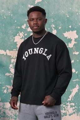 Men Vintage YOUNGLA Letter Print Long Sleeve Shirt, Crewneck Gym Fitness Training Casual Workout Top