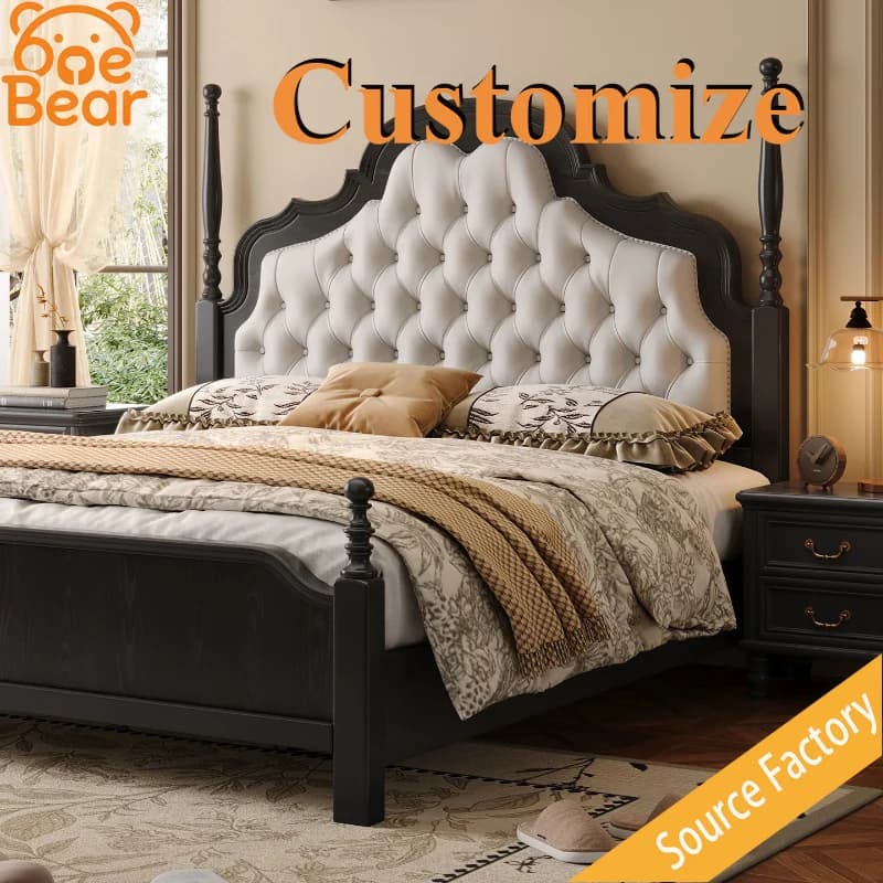 Any Size Custom Luxury French American Mid Century Black Solid Wood Bed Leather Headboard Sturdy Durable Master Bed