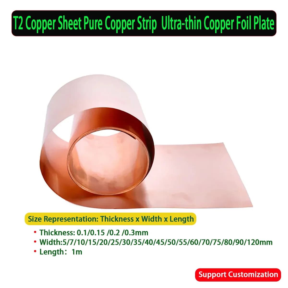 1M T2 Copper Sheet Pure Copper Strip  Ultra-thin Copper Foil Plate Grounding Conductive Heat Sink Thick 0.1-0.3mm Width 5-120mm