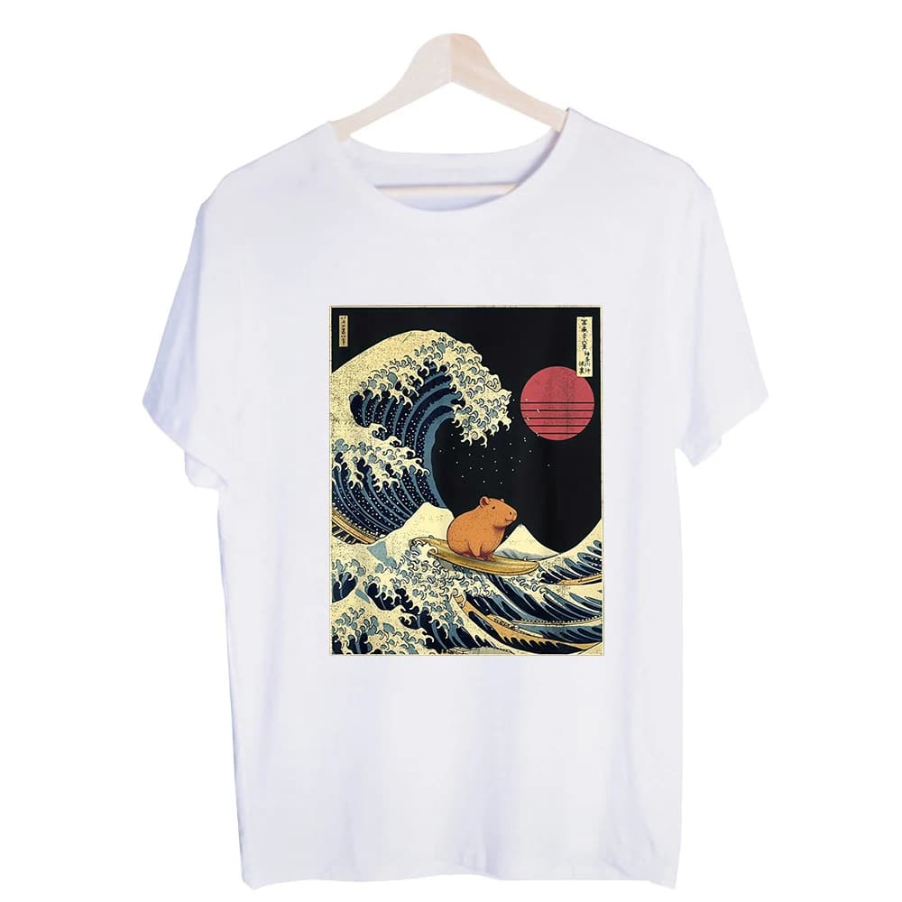 Men's Wave and Capybara Graphic Tee, Short Sleeve Crew Neck T-Shirt for Casual Summer Outfits
