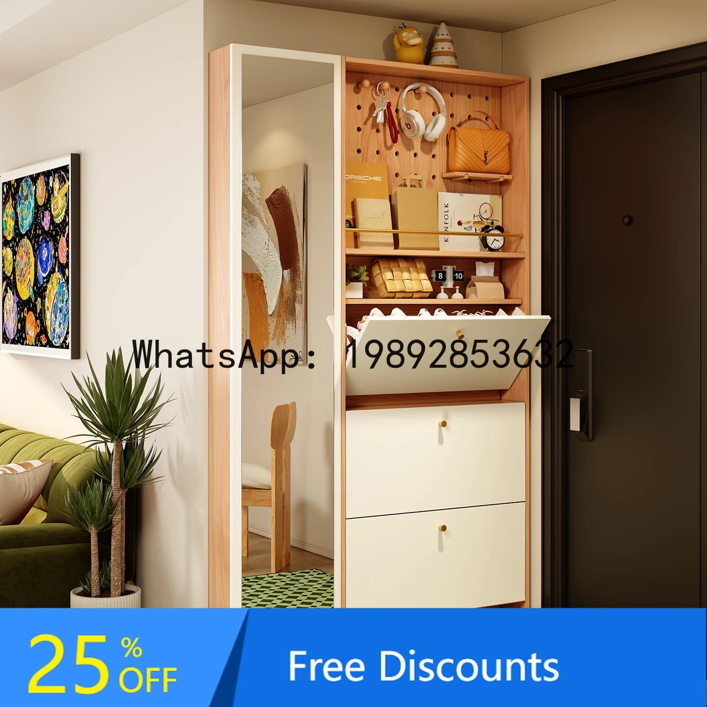 YFY Solid Wood Entryway Slim Shoe Cabinet Integrated Wall-Mounted Ultra-Thin Flip    Home Doorway Pegboard Dressing Mirror