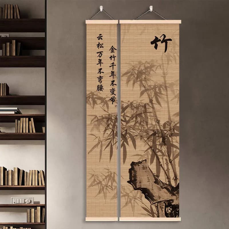 Asian Zen Wall Art Vertical Ink Wash Bamboo Hanging Scroll for Tea Room Meditation Room Spa Yoga Studio Aesthetic Room Decor