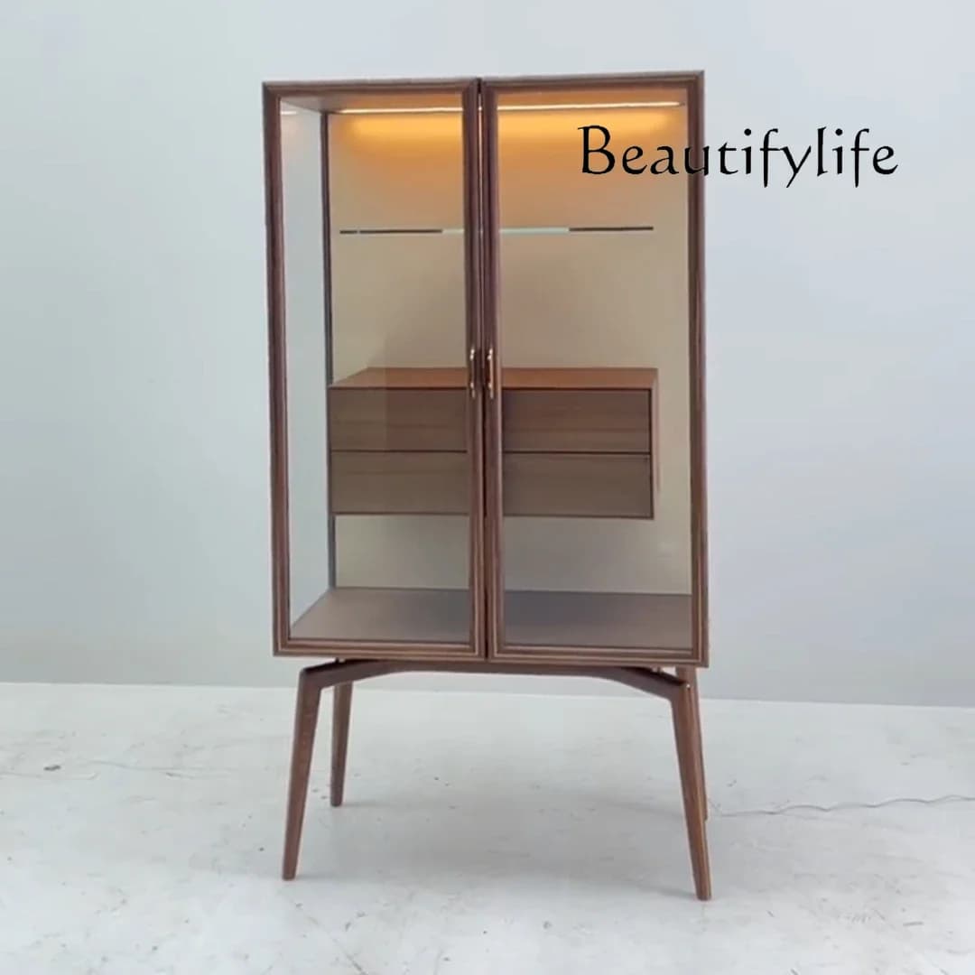 BJ New Chinese-style North American Black Walnut Wine Cabinet, Living Room Decorative Storage Cabinet, Single Door Glass Bookcas
