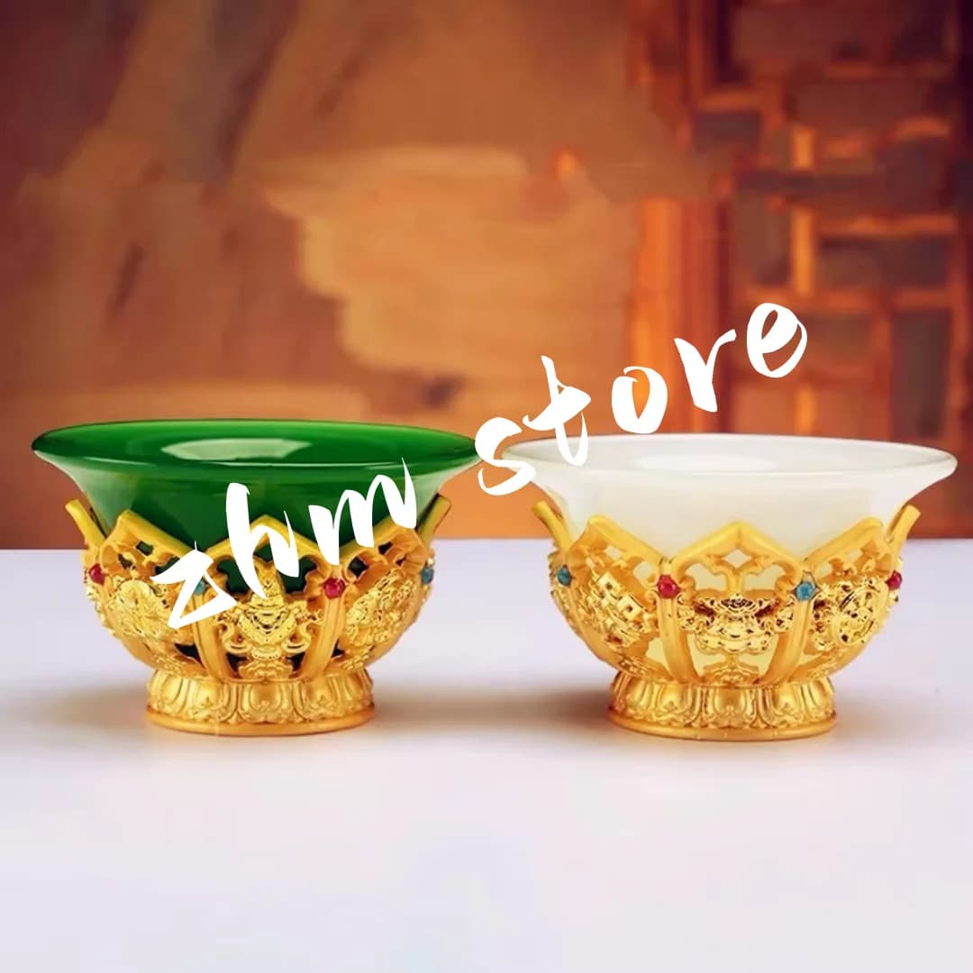 Golden Tibetan Ghee Bowl Zinc Alloy Tantric Holy Water Cup 8.5 cm Engraved Buddhist Green Stone Bowl Gift Desktop Decorative
