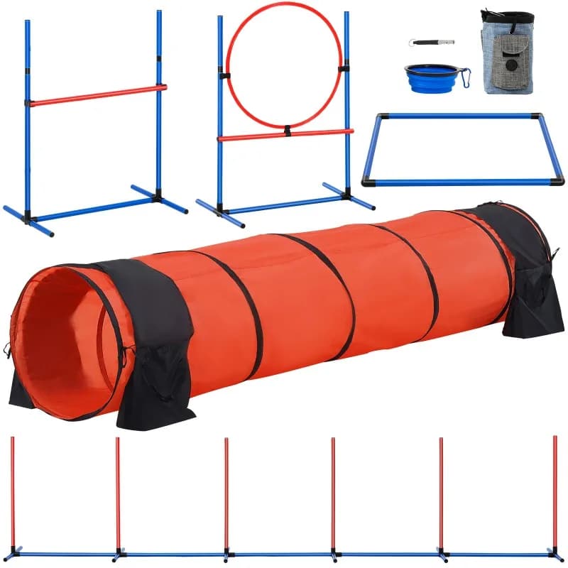 Dog Agility Training Equipment 5PCS Set Upgrade with Adjustable Hurdles Extend Tunne Puppy Obstacle Course Kit with Bag