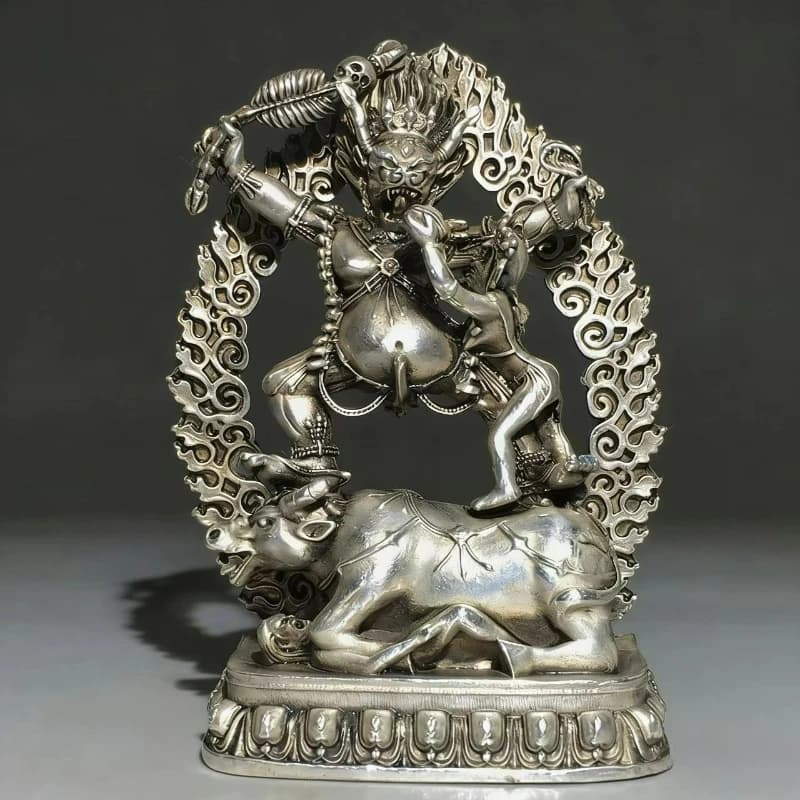 Antique White Copper Tibetan Dharma Protector Yan Mo Enemy Statue Home Worship Town House Fortune Crafts Feng Shui Ornaments