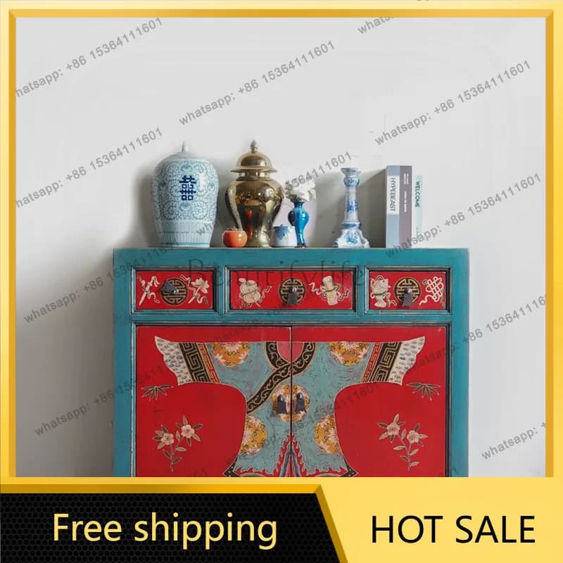 XX. New Chinese solid wood hand-painted dining side cabinet retro and old entrance tea cabinet