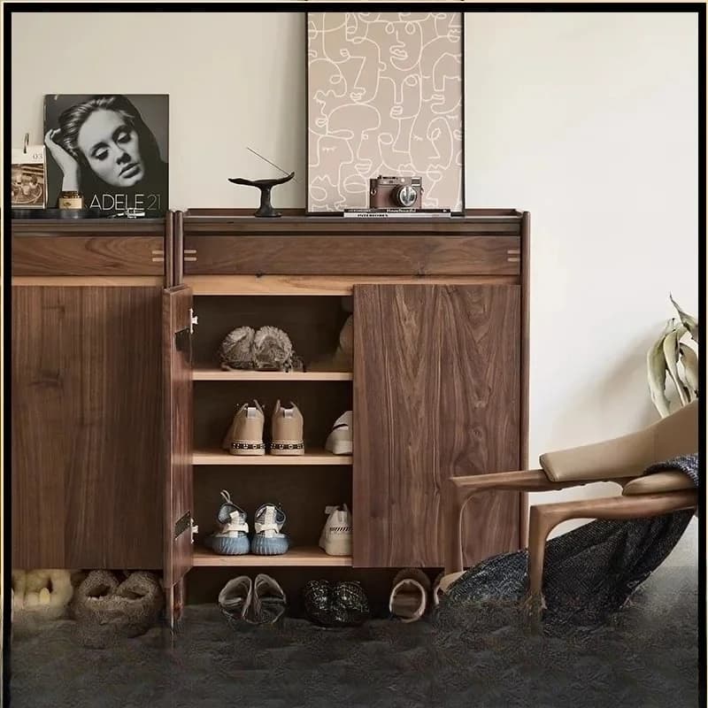 P6/20  black walnut shoe cabinet door household solid wood porch cabinet multi-layer storage cabinet