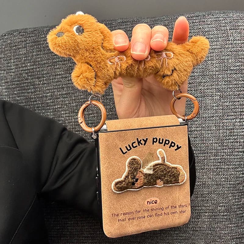 For samsung flip 6 flip7 phone cases cute puppy brown leather case for Samsung z flip 7 6 5 cases with fluffy handheld