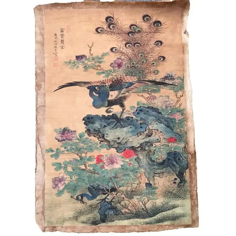 China Old Scroll Painter's Rice Paper Wall Art Slice Chen Xing's Phoenix Chart of Wealth and Prosperity  Traditional Asian Decor