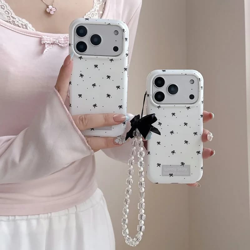 Fashion Korean Polka Dot Bowknot Cute Phone Case For iPhone 17 Pro 16 15 Pro Max Cover with Chain Shockproof Protective Cases Fu