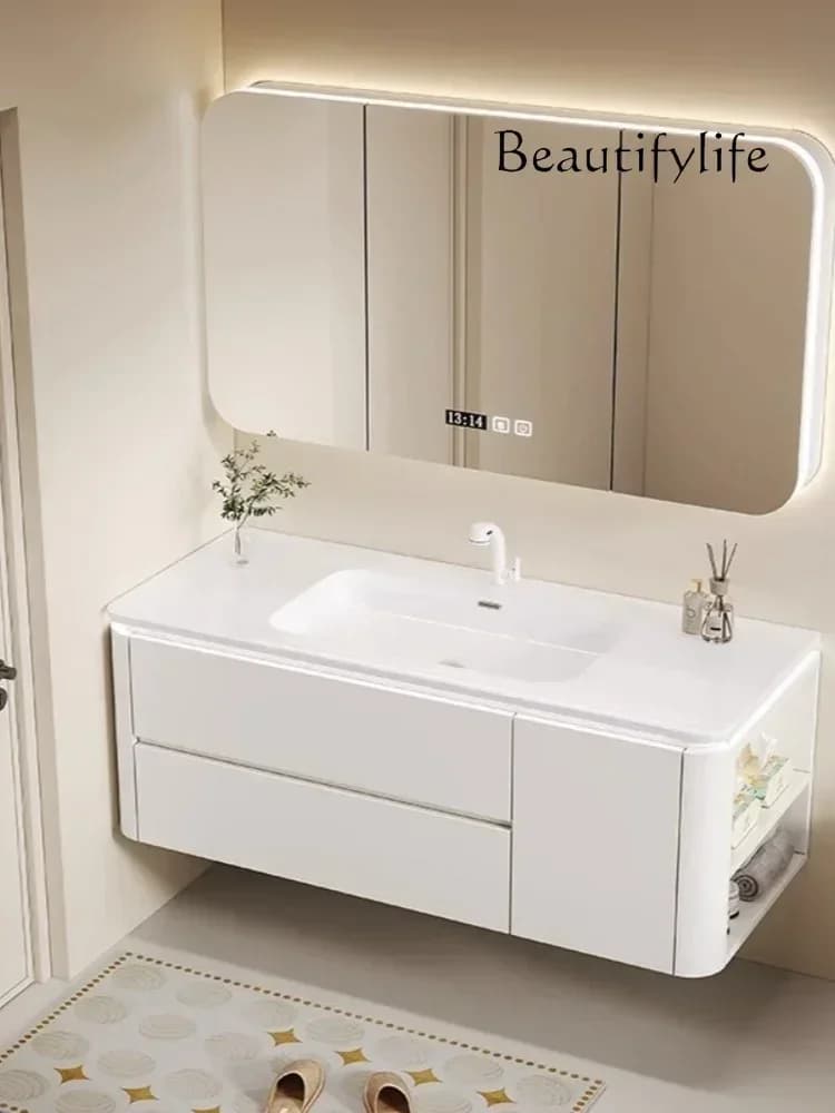 N Skin Sense Integrated Basin Bathroom Cabinet Oak Washstand Combined Wash Pool Ceramic Integrated Basin Mirror Cabinet